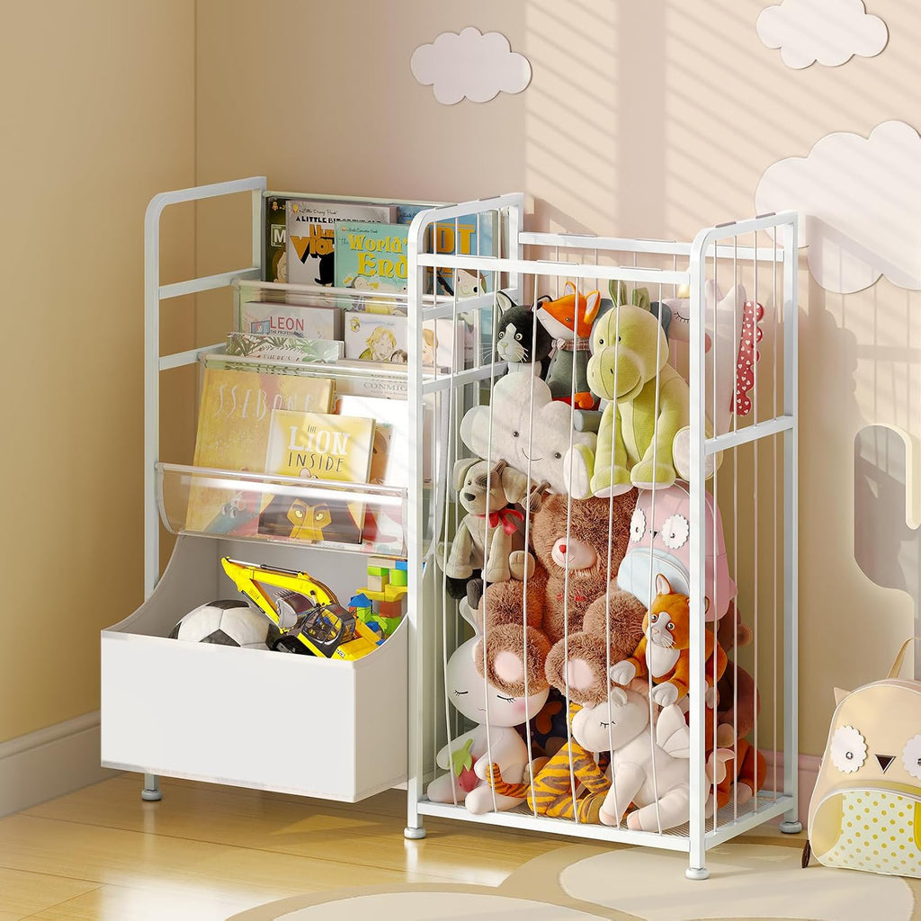 Kids Bookshelf and Stuffed Animal Storage - Multi-Function Nursery Book Shelves with Leather Toy Box and PVC Book
