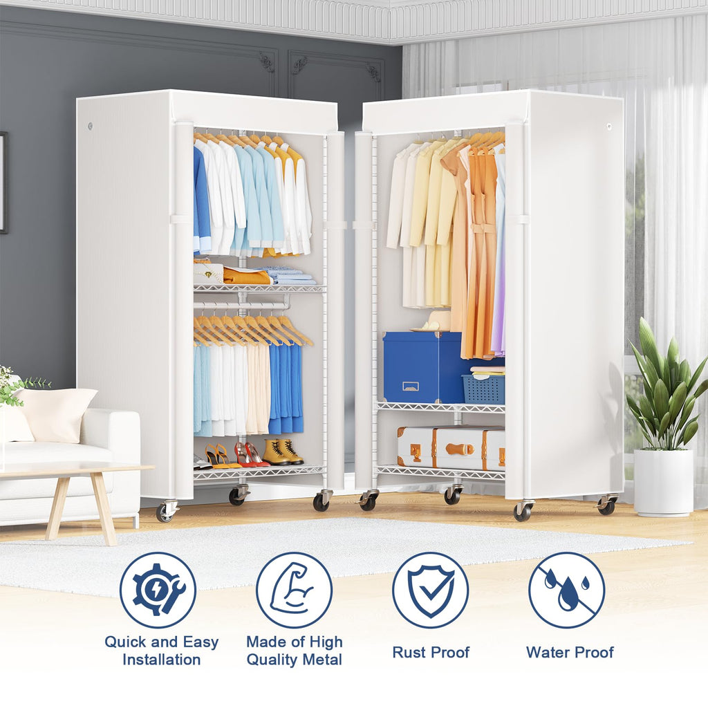 P8C Heavy Duty Clothes Rack(With Extended Width Design) Rolling Clothing Racks for Hanging Clothes with Lockable