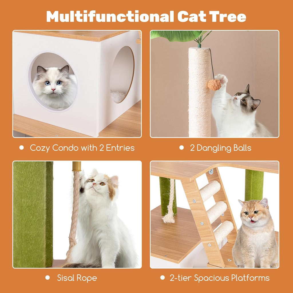 Cat Tree with Litter Box Enclosure, Multi-Level Modern Cat Tree Tower with Sisal Scratching Posts, Cat Condo, Ladder