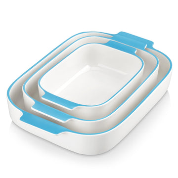 Ceramic Baking Dishes Set of 3, Blue Trim Casserole for Oven, 9x13