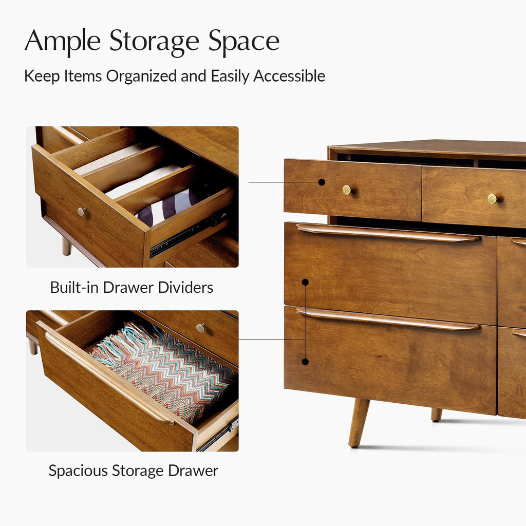 7 Drawer Dresser, 52" Wide Mid-Century Modern Chest of Drawers with Built-in Drawer Dividers, Wooden Bedroom Drawer
