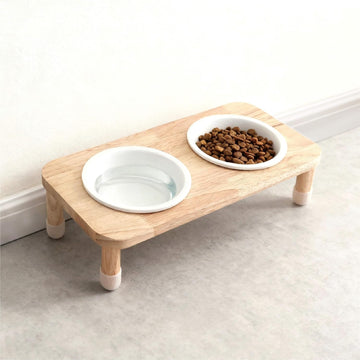 11.8 oz Elevated Ceramic Double Cat Bowl Set - Modern Lead-Free Feeder with Natural Oak Wood Stand (Oak Stand & 2