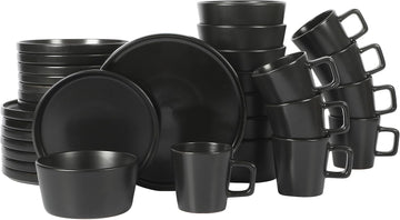 Bowery 32 Piece Matte Black Stoneware Dinnerware Plates, Bowls, and Mugs Set - Service for 8