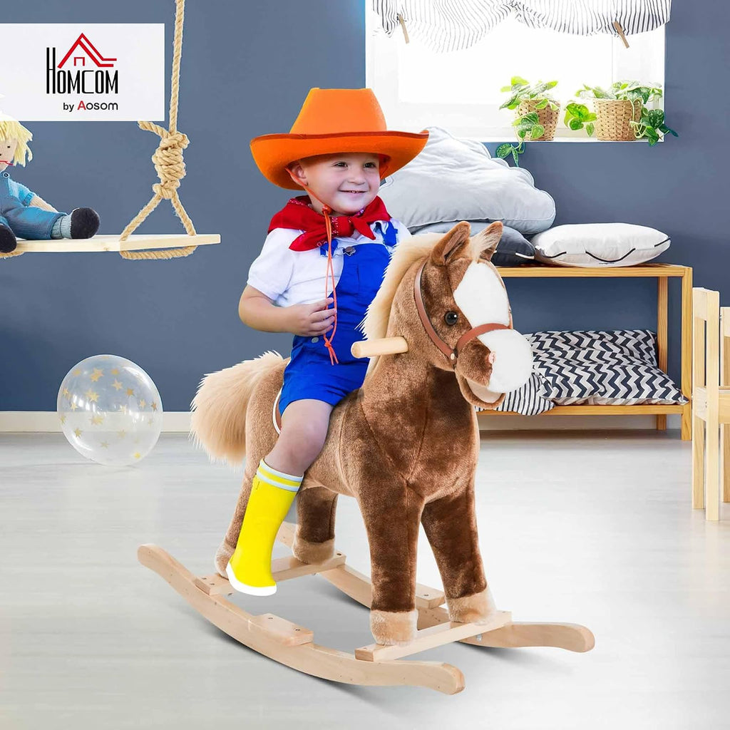 Kids Rocking Horse Wooden Base Ride-On Toy Handle Grip 36M+ Brown