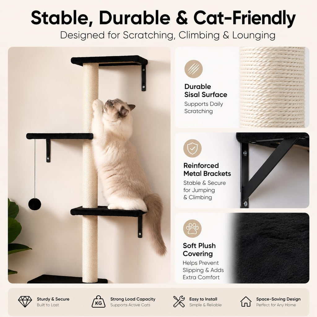 Modern Wall-Mounted Cat Furniture - 5pcs Cat Wall Shelves, Wooden Climber Includes House, Bridge, Tree, Steps