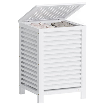 Double Laundry Hamper with Lid, 120L Bamboo Laundry Basket with Removable Liner Bag, 2-Section Clothes Divider