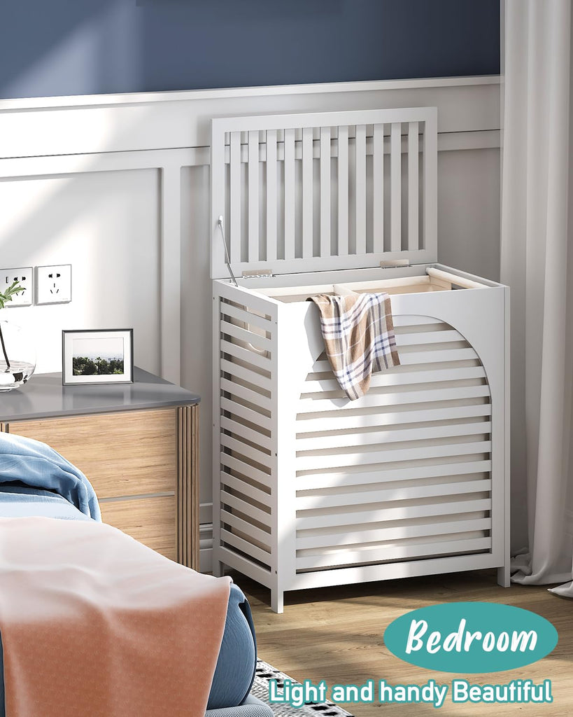 White Laundry Hamper, Laundry Hamper with Lid, 27.3 Gallon (103L) Bamboo Wood Clothes Laundry Basket with Lid and