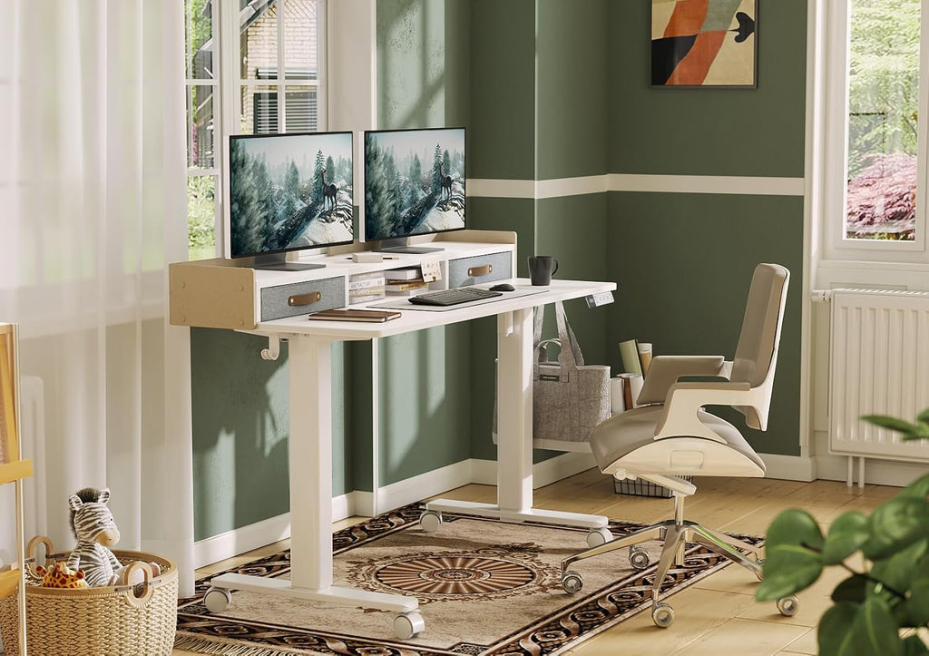 Standing Desk with Drawers & Wheels, 2 Height Shelf 55inch White | 2 height adjust shelf, tabletop drawers, felt