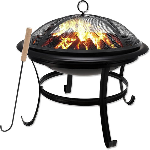 22 in Outdoor– Wood Burning Fire Pit with Mesh Lid and Fire Picker – Durable Alloy Steel Fire Pits for Outside – Small Fire Pit for Backyard, Porch