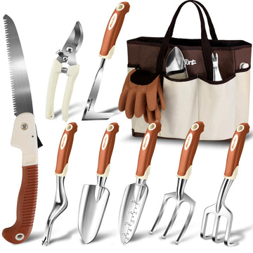 Garden Tool Set, 10 Pcs Heavy Duty Gardening Hand Tool Kit for Women Aluminum with Non Slip Ergonomic Handle, Storage