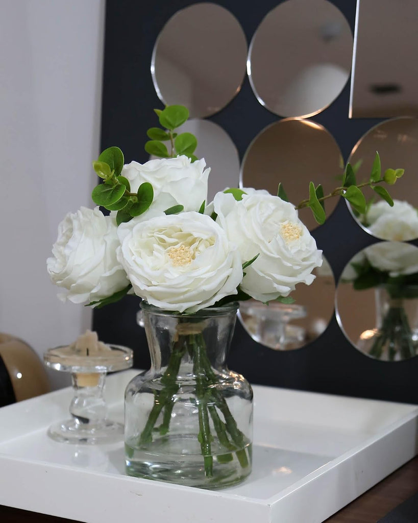 Artificial Flowers with White Roses in Vase, Fix Lifelike Fake Flowers in Vase with Artificial Water, Faux Flower
