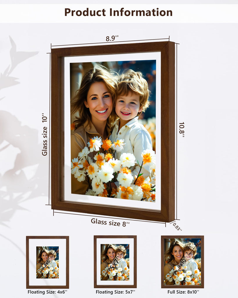 8x10 Floating Photo Picture Frame, Floating Display 6x8, 5x7, or Full Display 8x10 Photos, Solid Wood, Double Glass, 2
