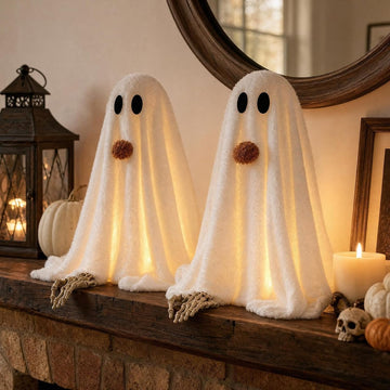 Halloween Decorations-2 Pack Light-Up Sherpa Ghosts with Pumpkin - Set of 2