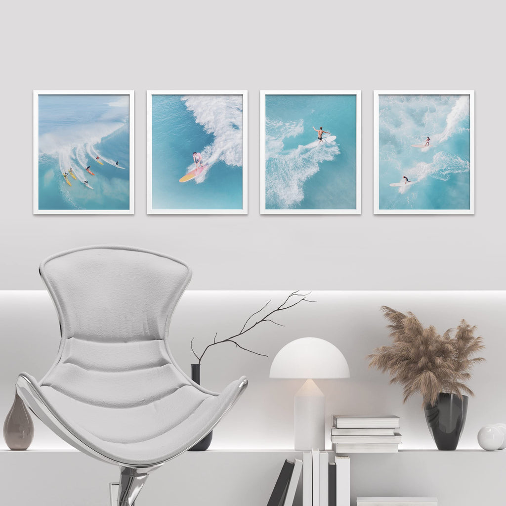 Framed Ocean Nautical Landscape Wall Art, Set of 4 Surfing Surfboard Aerial View Wall Decor Prints, Nature Wilderness