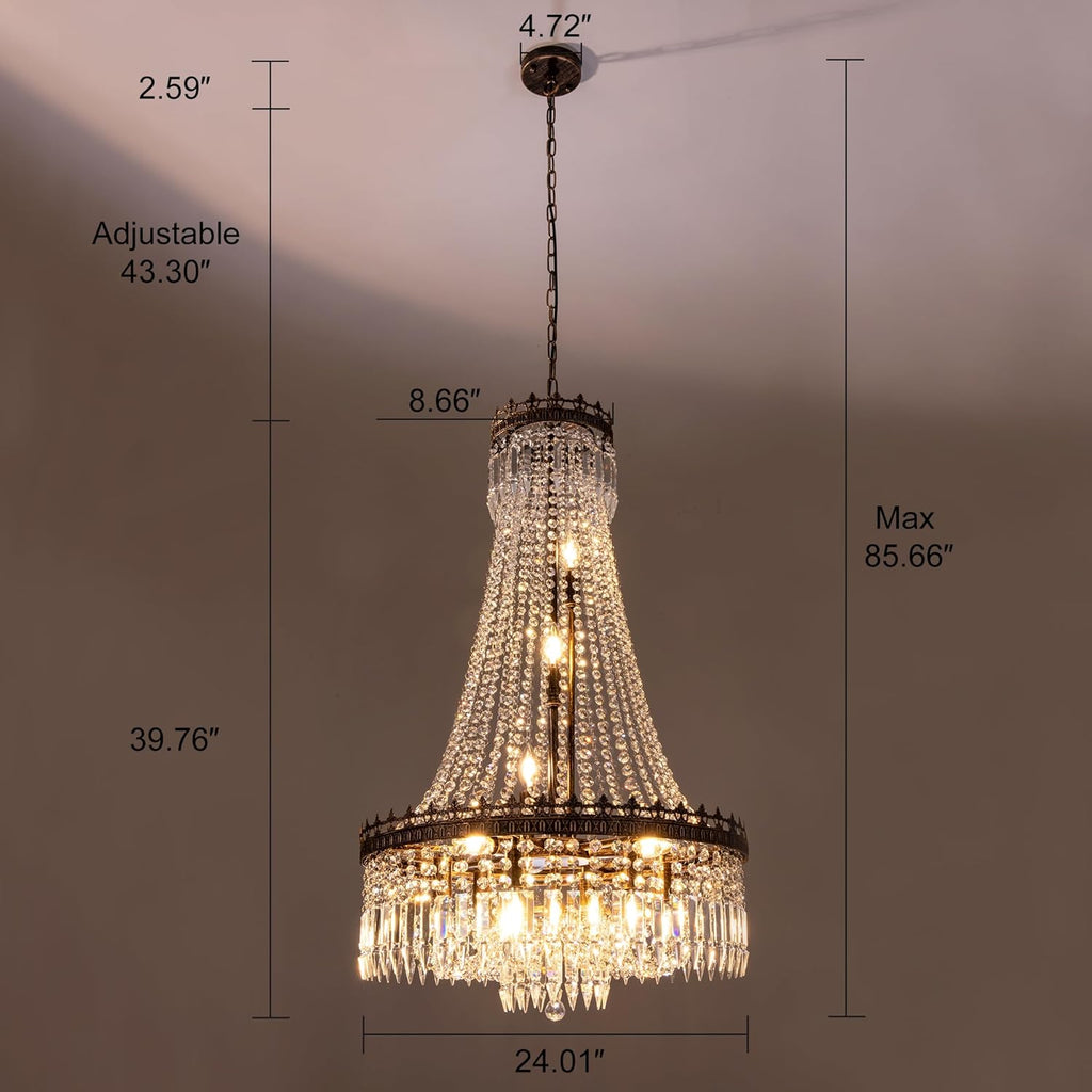 French Empire Crystal Chandeliers,9 Lights Rustic Farmhouse Chandelier,High Ceiling Light Fixture for Entryway,Antique Bronze Chandeliers for Dining Living Room,Foyer,Staircase,24" W x 40'' H A108-B0C1NGGQN8