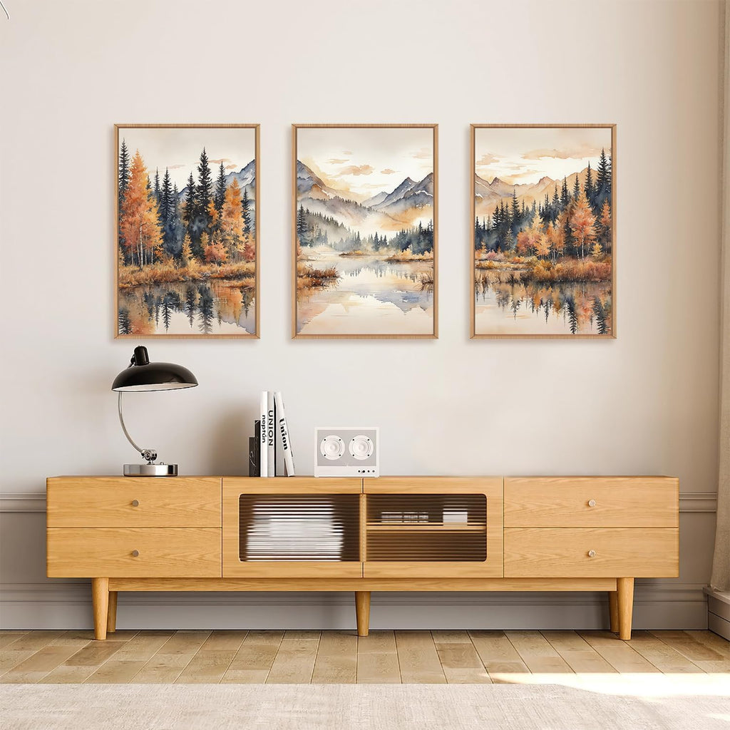 Large Neutral Mountain Framed Canvas Wall Art,Nature Foggy Forest Wall Decor,Watercolor Autumn Landscape Wall