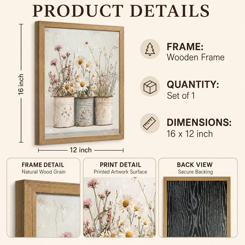 Daisy Floral Wall Art, Rustic Farmhouse Wood Framed Canvas 12x16 Inch