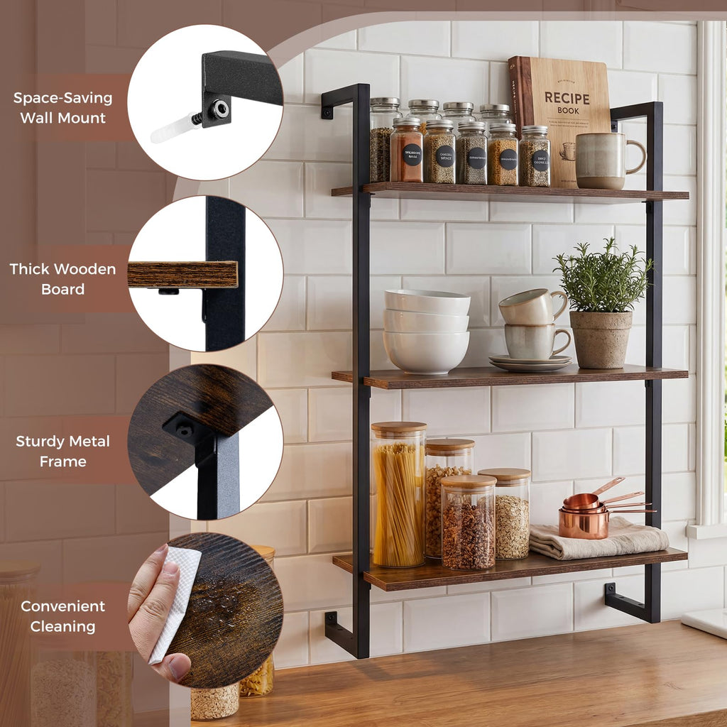 3-Tier Floating Shelves for Wall, Industrial Wall-Mounted Bookshelf
