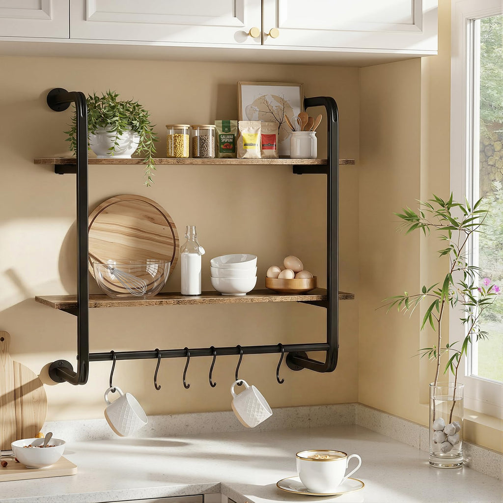 2 Tier Industrial Pipe Floating Shelf, 24" Kitchen Wall Shelves