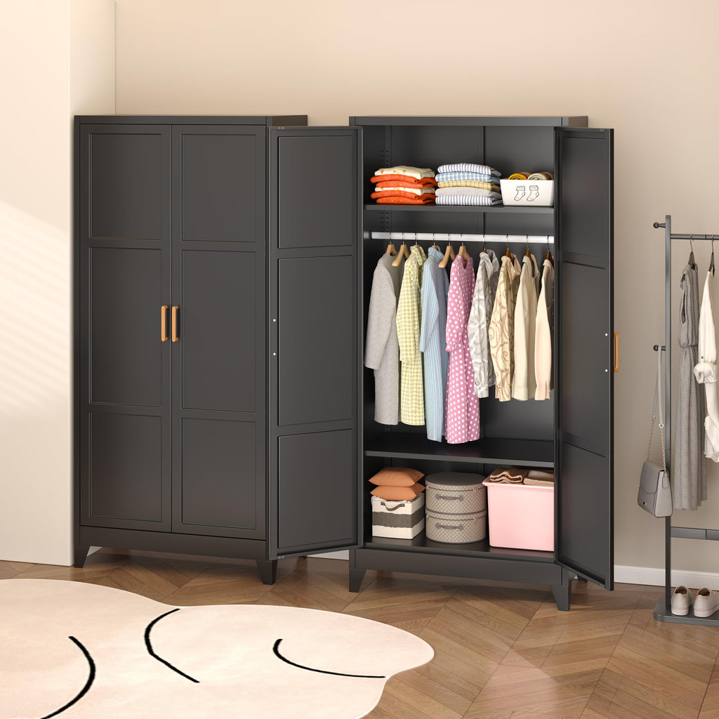 71" H Metal Wardrobe Cabinets with 2 Doors, Large Clothing Storage Cabinets with Hanging Rod and Adjustable Shelves