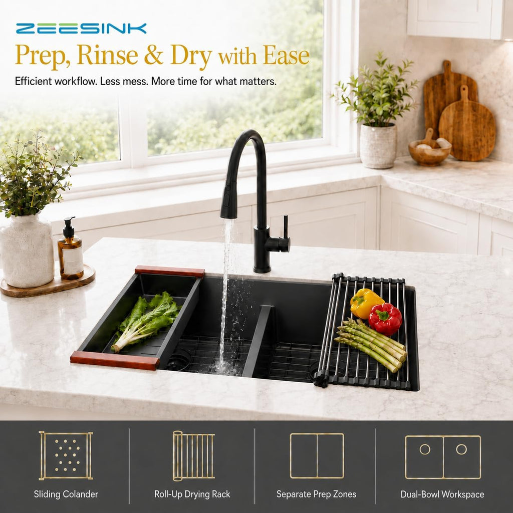 32 inch Double Bowl Kitchen Sink,Black Undermount Kitchen Sink 32 X 18 inch,16 Gauge Stainless Steel Undermount