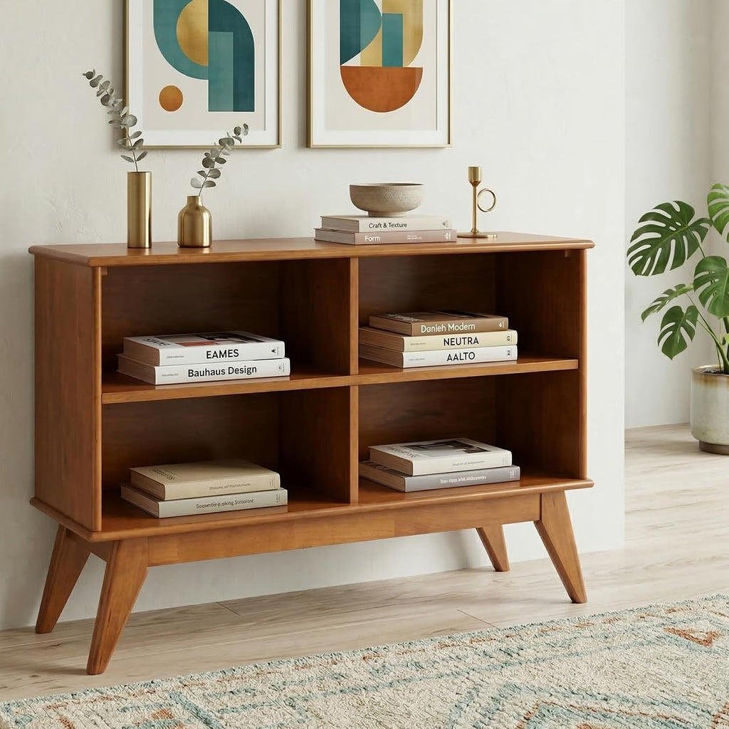 Draper 30" Tall Solid Wood 4-Shelf Bookcase in Teak Brown