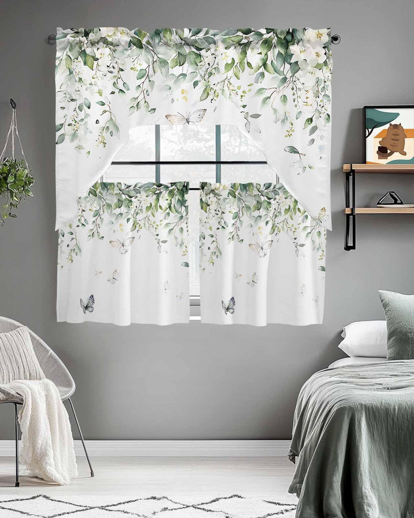 Sage Green Eucalyptus Leaf Kitchen Curtains Sets for Windows 3 Piece, Summer Floral Kitchen Curtains and Valances