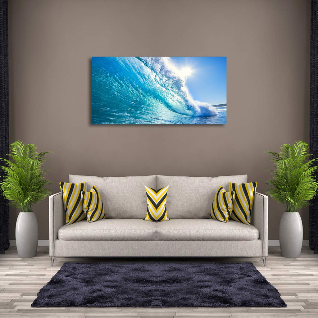 Framed Ocean Wave Wall Art, 48x24 Inch Large Horizontal Turquoise Sea Canvas Prints, Coastal Beach Nautical Wall