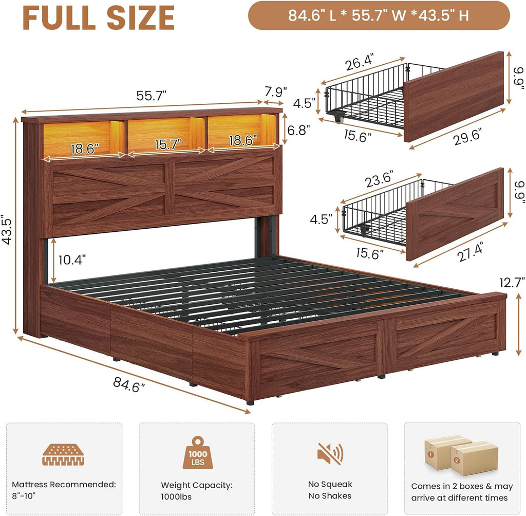 Full Bed Frame with 6 Drawers, Farmhouse Bed Frame with Barn Door Headboard and Storage, Wood Platform Bed Frame Full