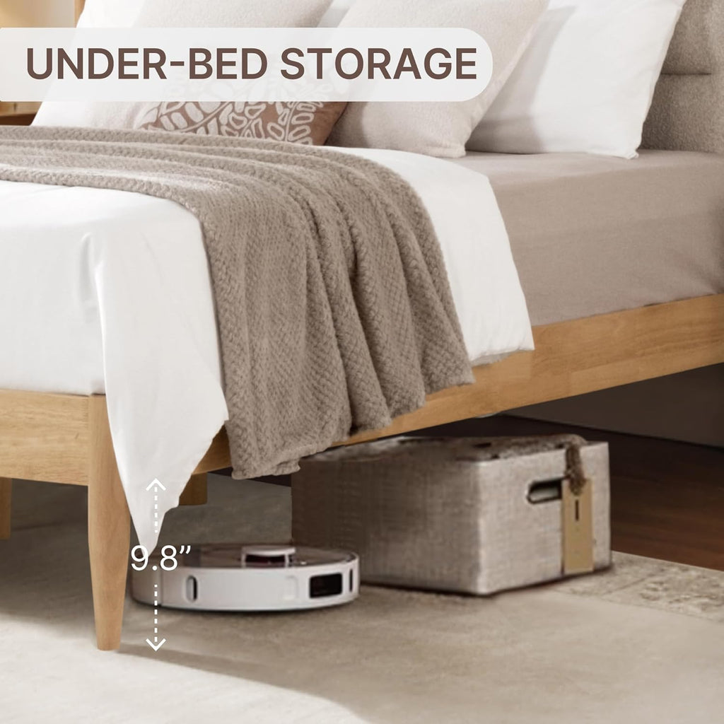 Wood Bed Frame with Upholstered Headboard Wooden Platform with Silent Slat Support Mattress Foundation No Box Spring