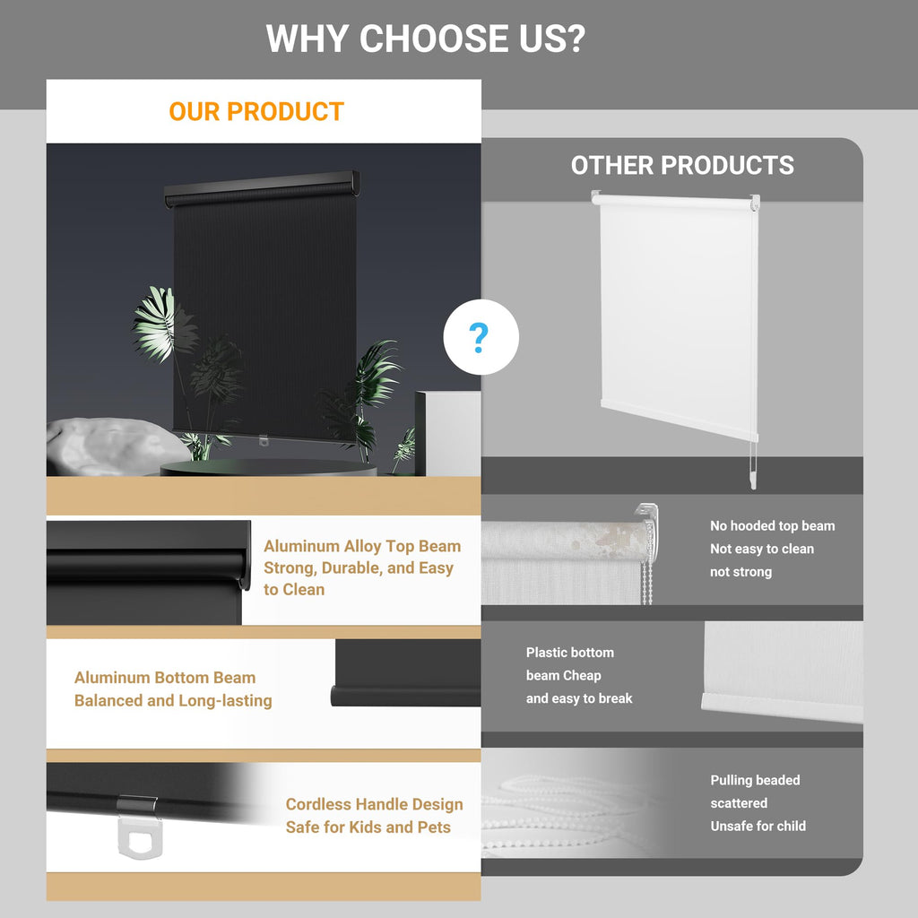 Light Filtering Roller Shades for Windows, Black