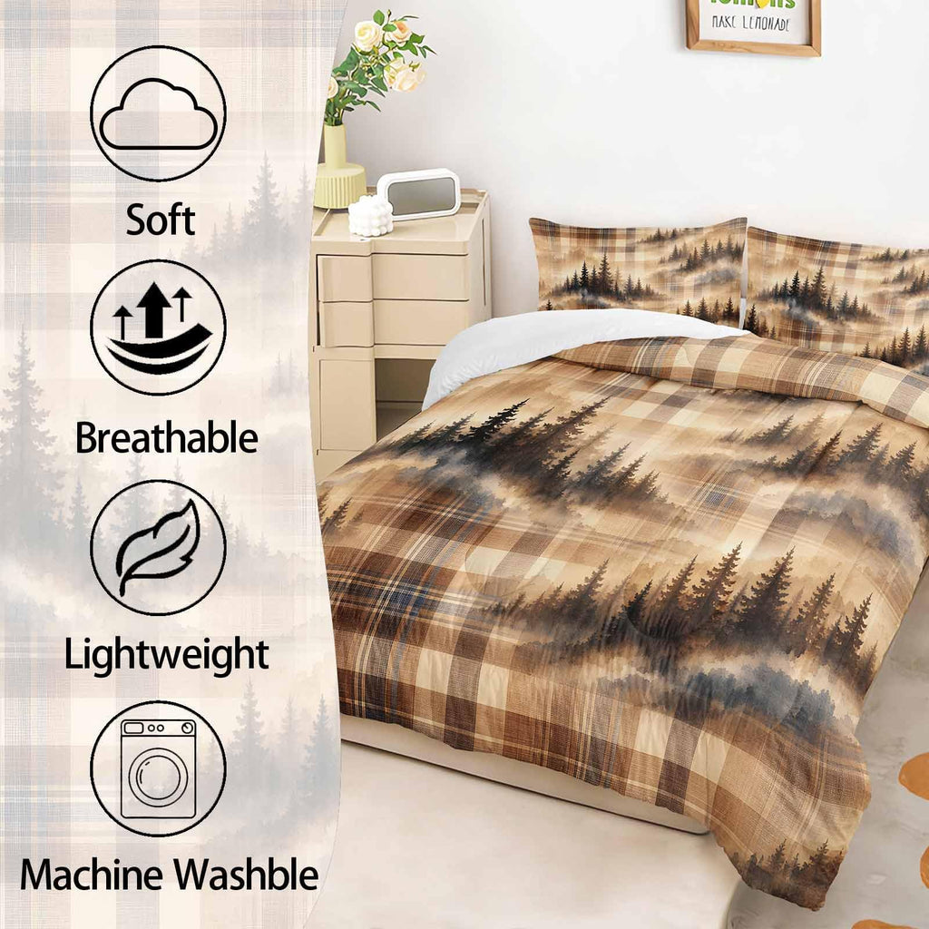 Misty Woodland Brown Comforter Set, Beige Tartan Pine 3-Piece Soft Microfiber Bedding with 2 Pillowcases for