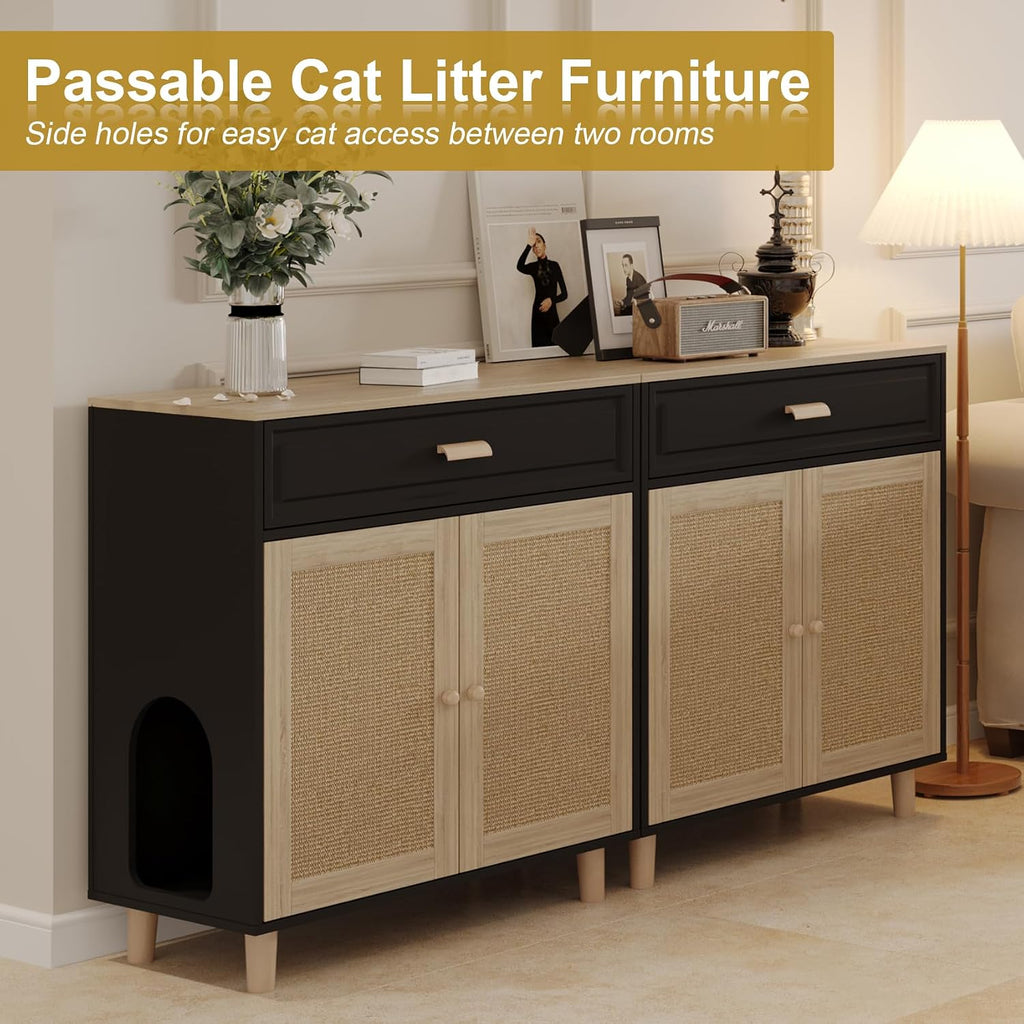 Cat Litter Box Enclosure Furniture Hidden Indoor 2-in-1 Wooden Cat House & Washroom Cabinet with Scratching Board