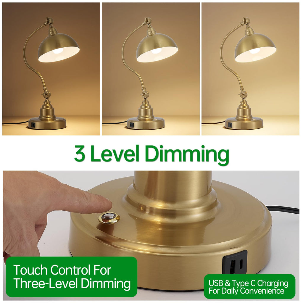 Dimmable Touch Control Gold Desk Lamp with Swing Arm Charging Port