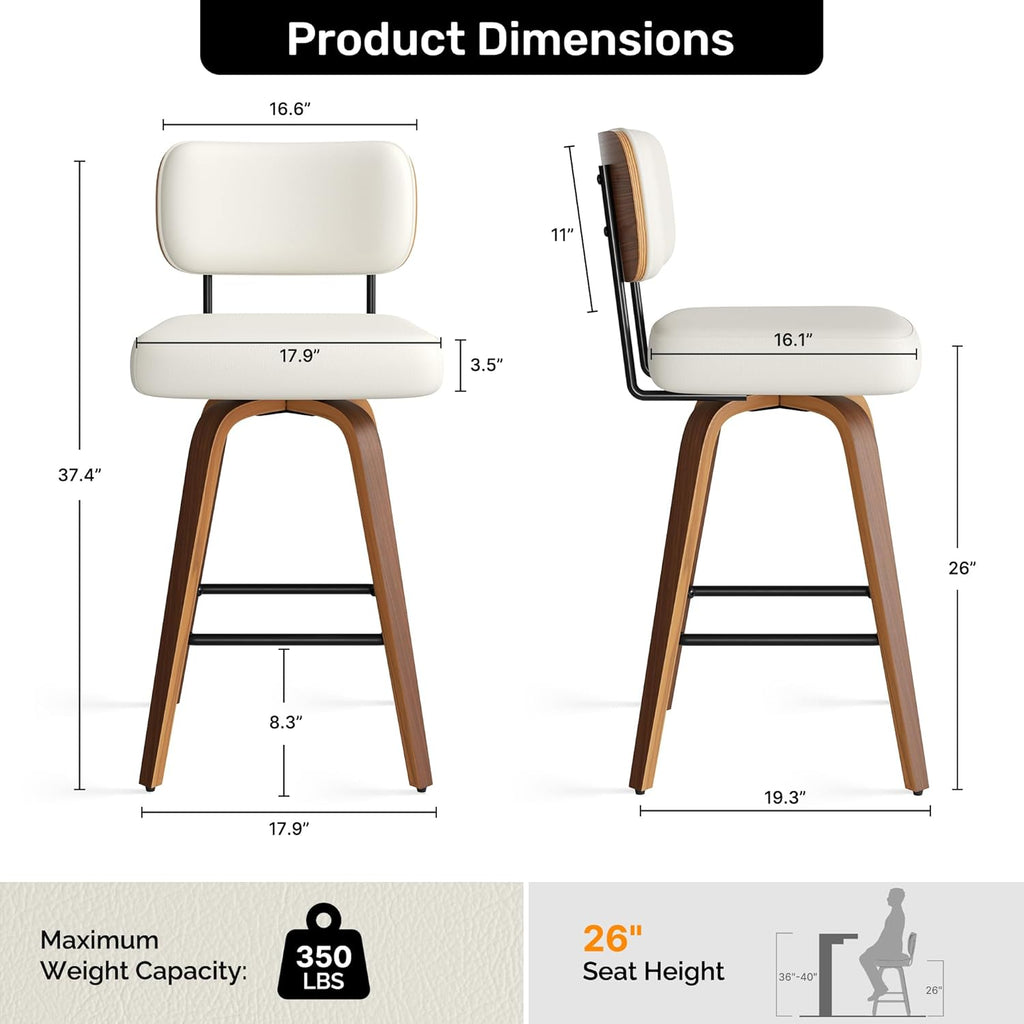 Swivel Bar Stools Set of 4, 26" Faux Leather Upholstered Counter Height Barstools with Back & Bentwood Legs, Mid
