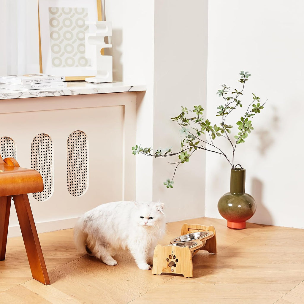 Elevated Dog Bowls for Cats and Dogs, Adjustable Bamboo Raised Dog Bowls for Small Dog, Food and Water Set Stand