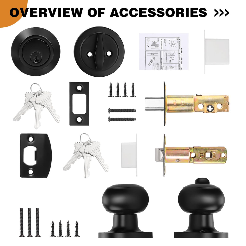 Entry Door Knobs and Single Cylinder Deadbolt Lock Combo Set, Keyed Alike, Flat Black, Set of 4