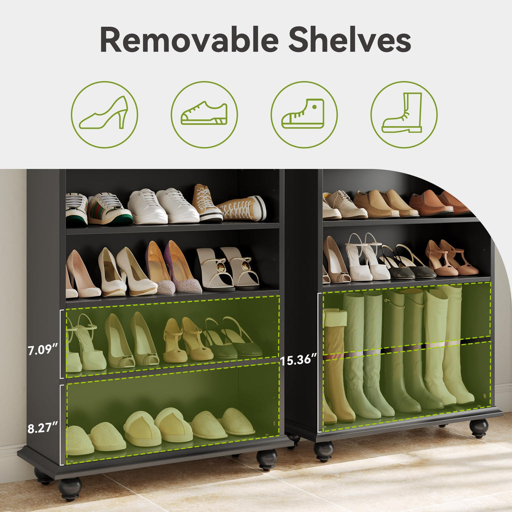 69-Inch Tall Shoe Cabinet with LED Light Strip & Adjustable Shelves, Black Wooden 8-Tier Shoes Display Cabinet for 26