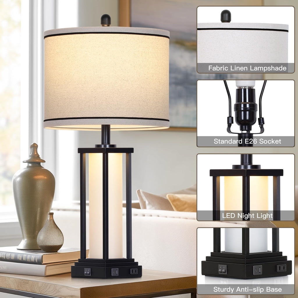 27" Tall Vintage Table Lamp Set of 2 with USB C+A & Outlet, Black Industrial End Table Lamp, Farmhouse Rustic Bedside