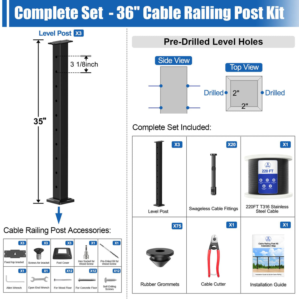 10ft-15ft Complete Set 36" Cable Railing Post Kit, 3Pack Black Level Drilled Line Posts(35"x2"x2"), Swageless Deck