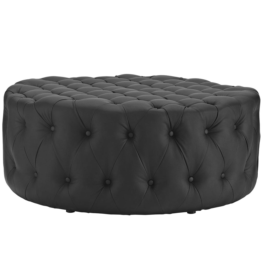 Amour Faux Leather Button-Tufted Round Ottoman in Black