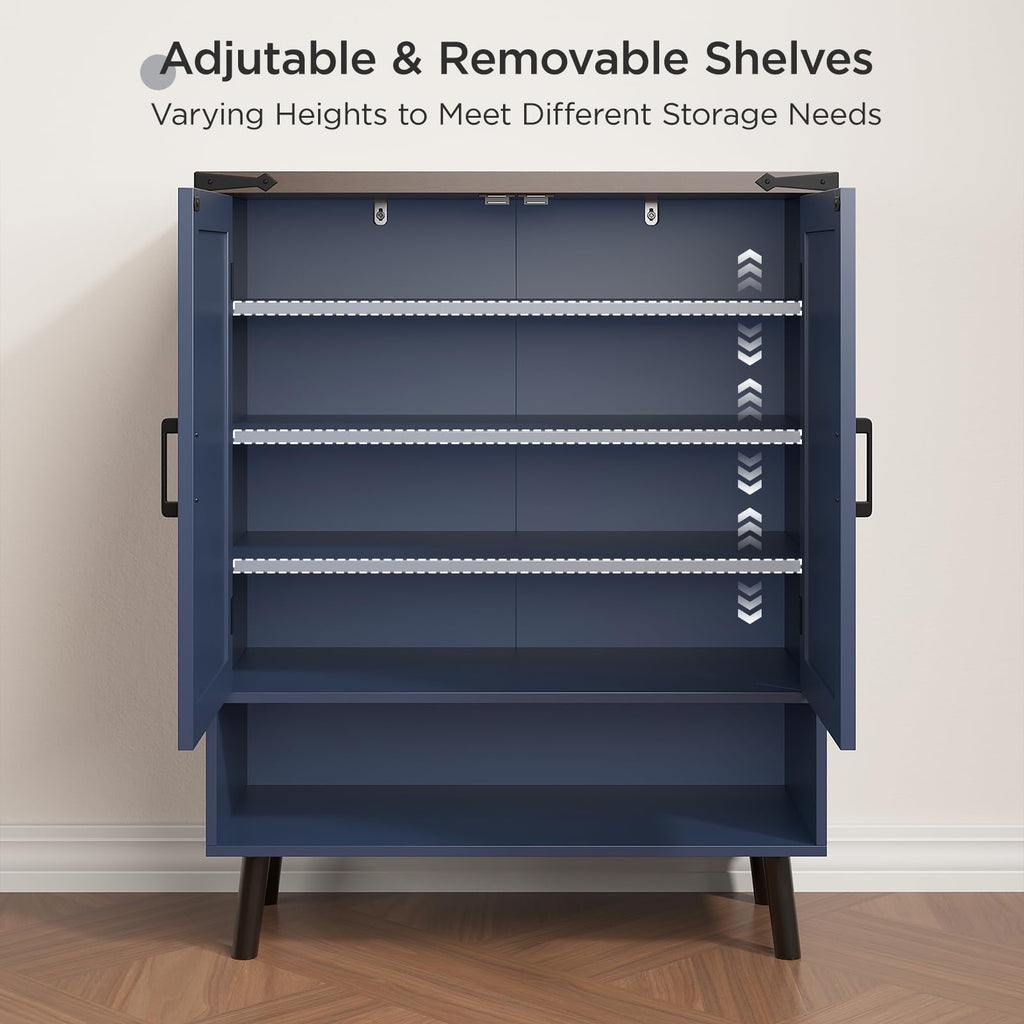34" Tall Farmhouse Shoe Storage Cabinet with Barn Doors, Navy Blue
