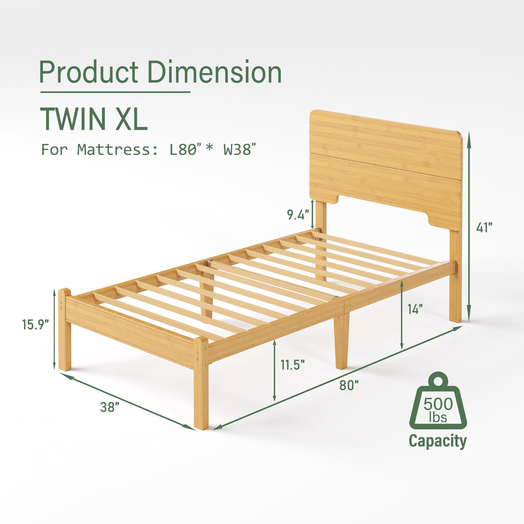 14" Twin XL Bamboo Wood Platform Bed Frame with Headboard, Natural