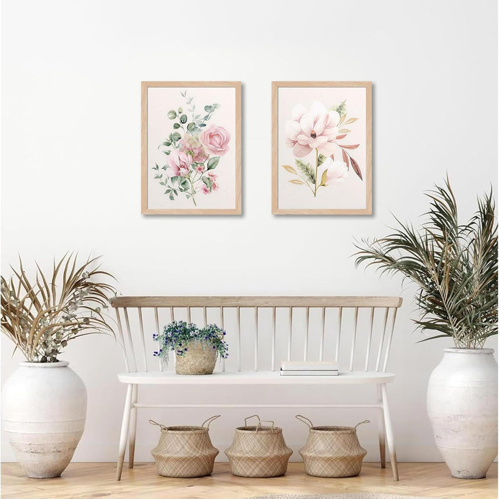 Framed Botanical Wall Art Set of 2, Pink Floral Canvas Prints with Natural Wood Frames, 8x10