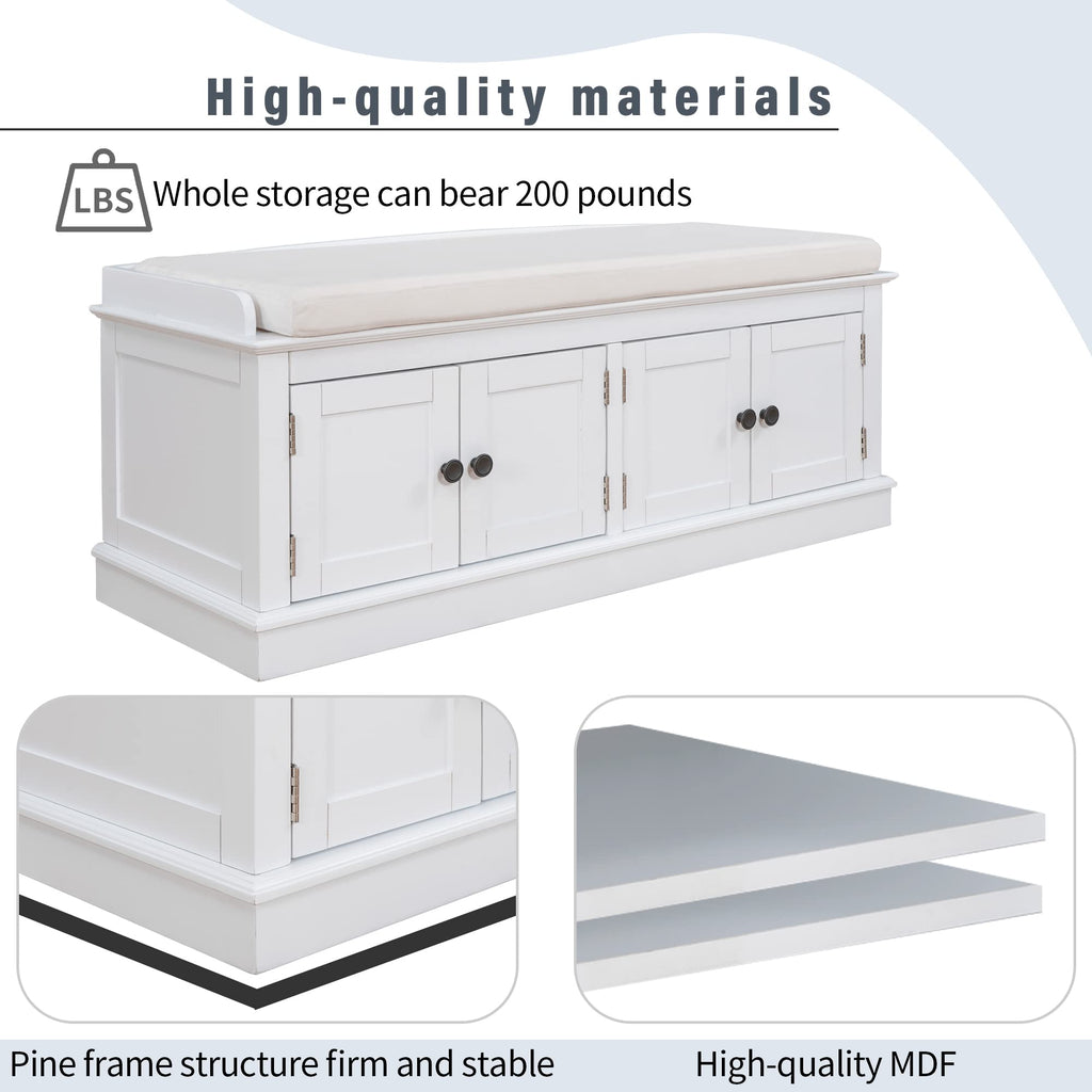 Farmhouse Storage Bench, Wood Storage Benches with Adjustable Shelves, Shoe Bench with Storage and Removable Cushion