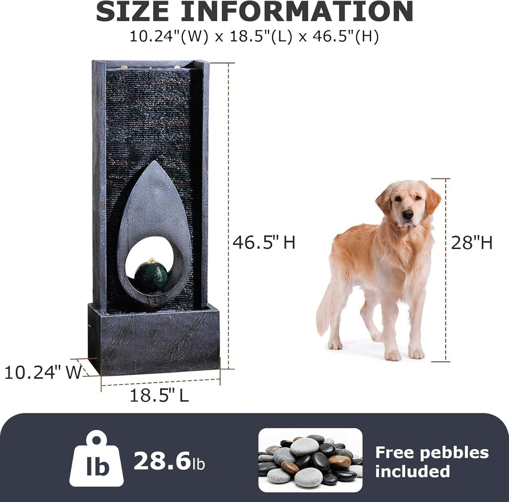 46.5’’Tall Modern Water Fountain Indoor Outdoor Waterfall Feature Floor Standing with Sphere and LED Lights