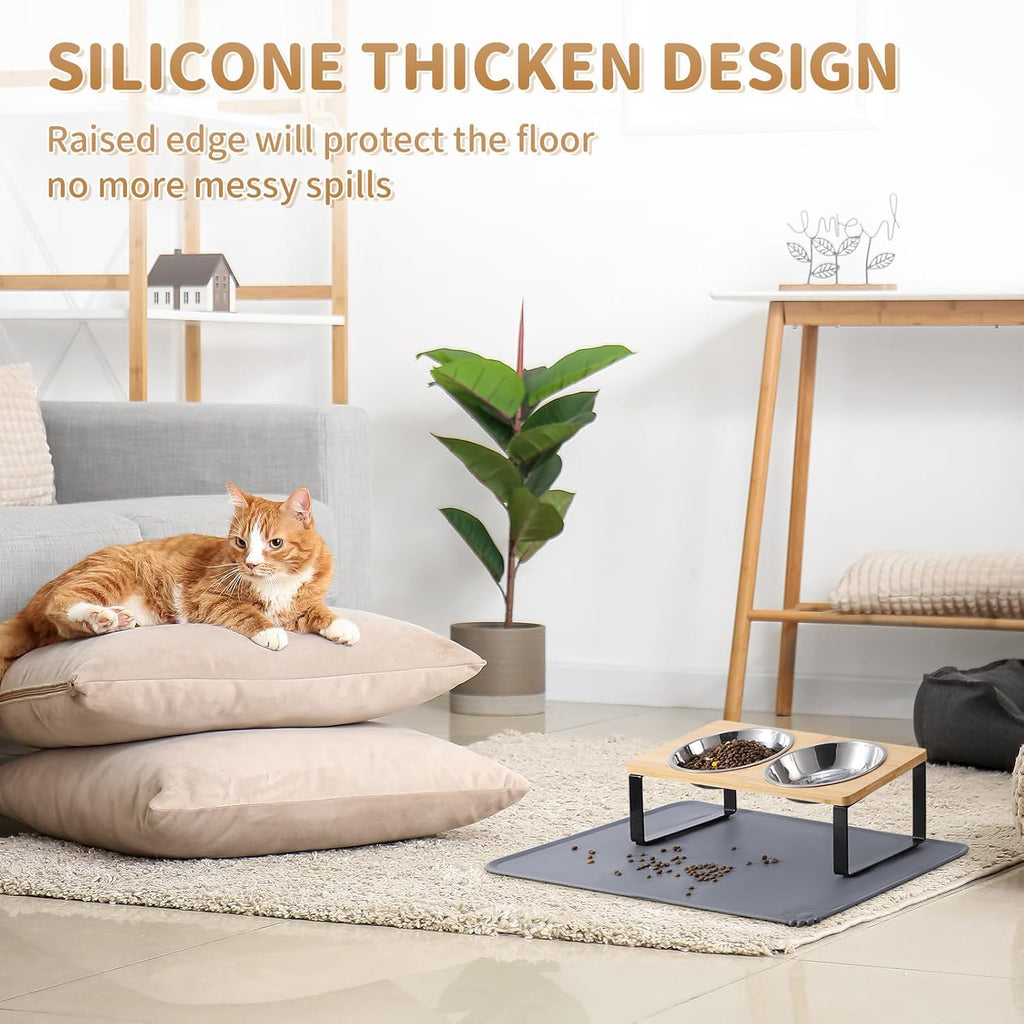 Upgraded Elevated Cat Bowls with Food Mat, 15°Tilted Stand Anti Vomiting Raised Cat Dishes for Food and Water, 2