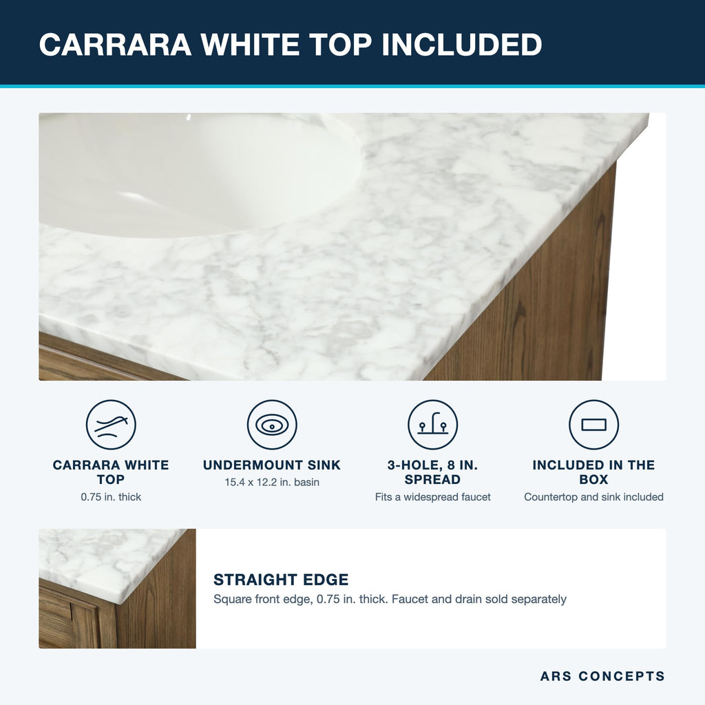 Comet 30" Pre-Assembled Bathroom Vanity with Sink, Solid Birch and MDF, Carrara White Marble Countertop Included