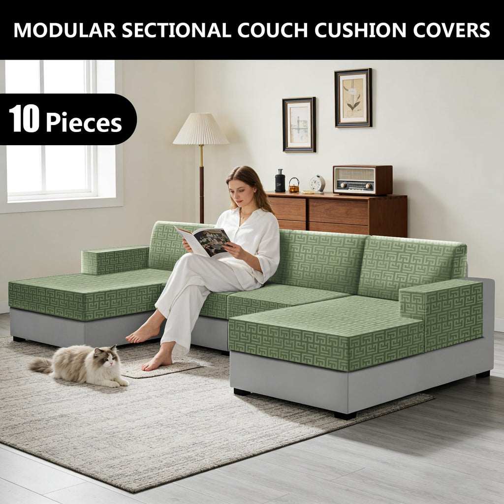 10 Pieces Stretch Sofa Cushion Covers for U-Shaped Modular Sectional Couch with 4 Seats+4 Backs+2 Arms, Upholstered
