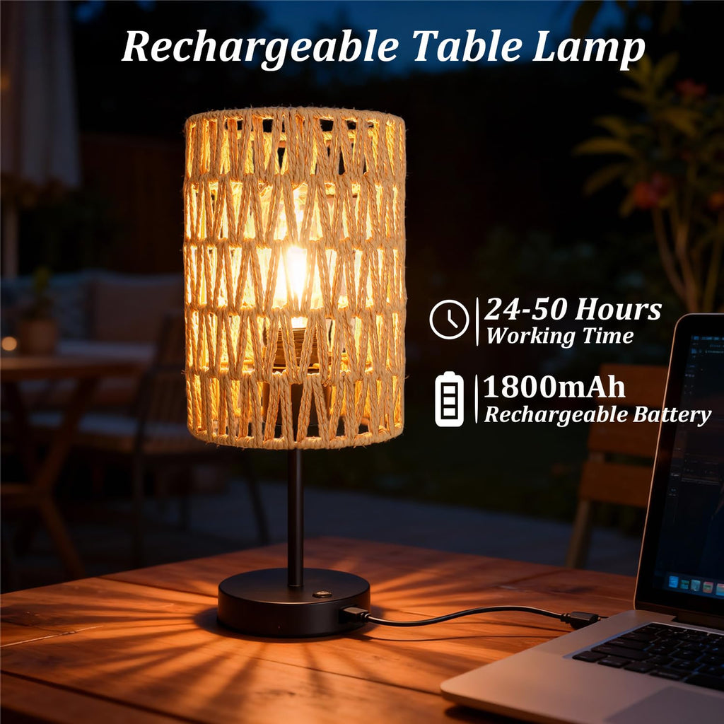 Rechargeable Outdoor Table Lamps, Rattan Boho Cordless Battery Operated Table Lamps, Patio Lamp, Balcony, Bedside
